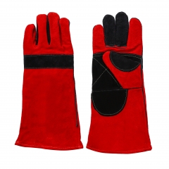Red colour cowsplit leather  Welding gloves,double palm,full  Cotton lining,14"16"