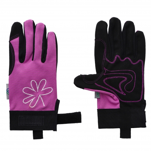 Mechanics gloves, breathable  Synthetic suede leather,padded  Polyester/spandex back,elastic  Band cuff with movable tab velcro  Closure.