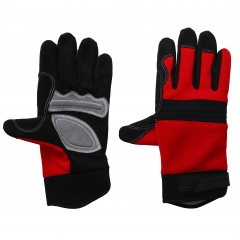Mechanics gloves, breathable  Synthetic suede leather,padded  Polyester/spandex back,elastic  Band cuff with movable tab velcro  Closure.